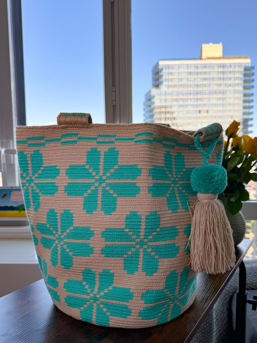 Two-tone Wayuú Mochila in Aqua Threat