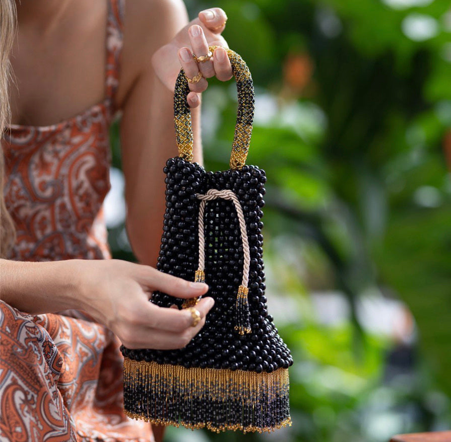 Black Waterfall Beaded Handbag by JETLAGMODE