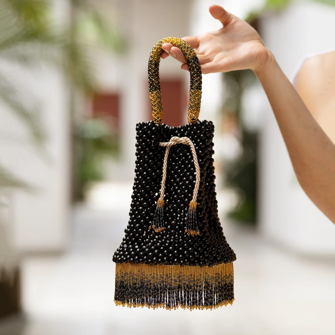 Black Waterfall Beaded Handbag by JETLAGMODE