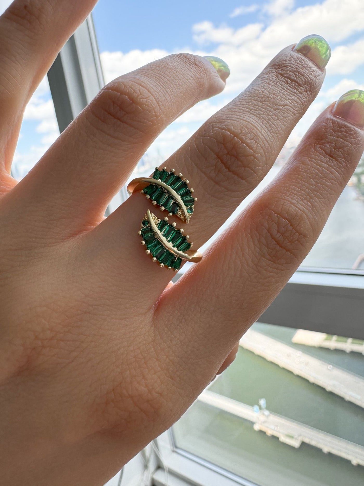 Lab Emerald Palm Leaf Ring by Bichota